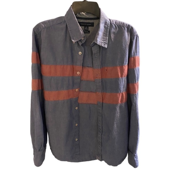 TOMMY Hilfiger Long Sleeve Color Block Striped Button Down Casual Dress Shirt - Picture 1 of 6